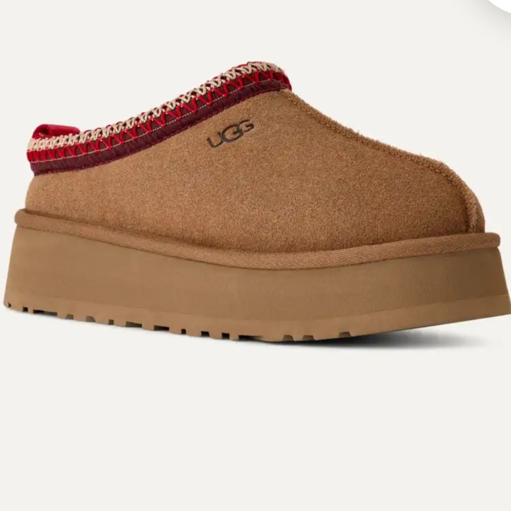 UGG Tan Suede Slip-Ons with Red Accents